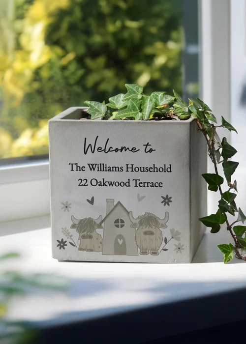 Personalised Memento Company Highland Cow Concrete Plant Pot Grey - One Size Image 3