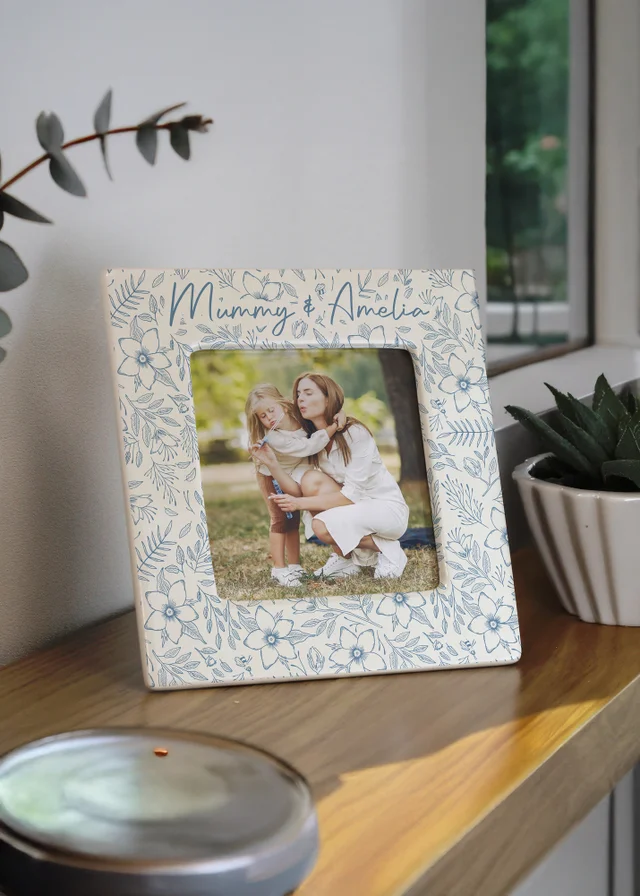Personalised Memento Company Blue Floral Ceramic 4x4 Frame