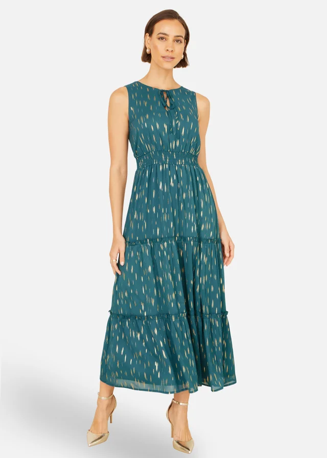 Yumi Teal Foil Print Ruched Waist Midi Dress With Tie Notch Neckline