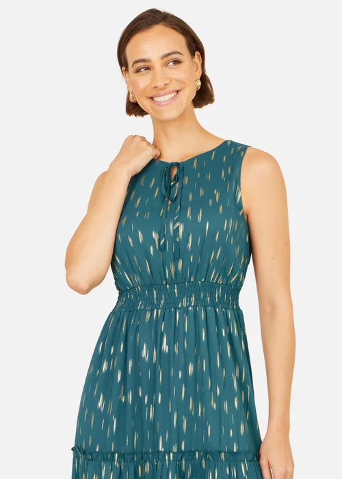 Yumi Teal Foil Print Ruched Waist Midi Dress With Tie Notch Neckline - 8 Image 3