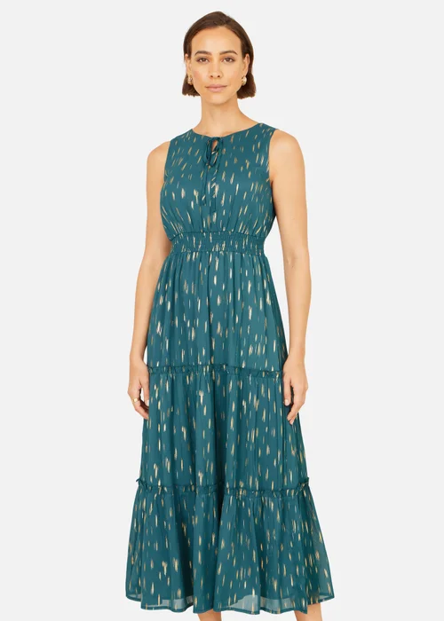 Yumi Teal Foil Print Ruched Waist Midi Dress With Tie Notch Neckline - 8 Image 2