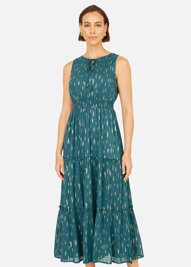 Yumi Teal Foil Print Ruched Waist Midi Dress With Tie Notch Neckline