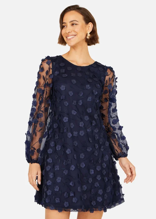 Yumi Navy Long Sleeve Floral Applique Tunic - 16 Image 1