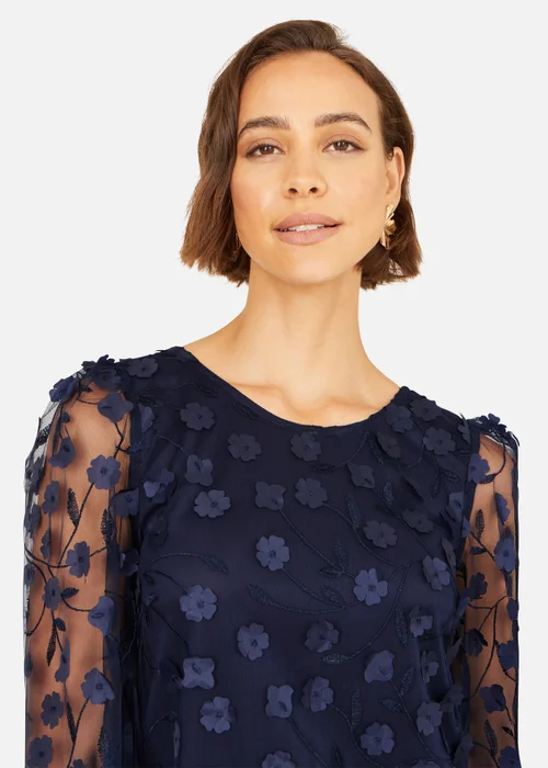 Yumi Navy Long Sleeve Floral Applique Tunic - 16 Image 3