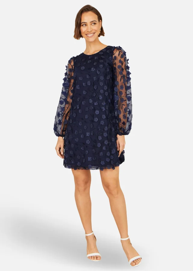 Yumi Navy Long Sleeve Floral Applique Tunic