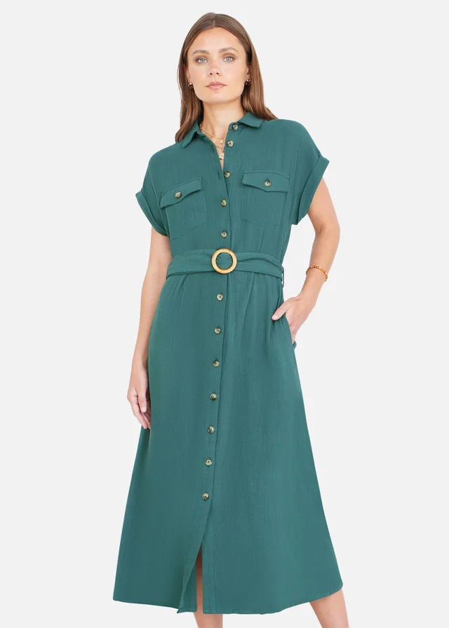 Yumi Green Viscose Linen Look Midi Shirt Dress With Wooden Belt