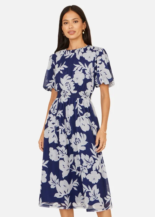 Yumi Navy Flower Stretch Mesh Midi Dress With Angel Sleeves - 14 Image 1