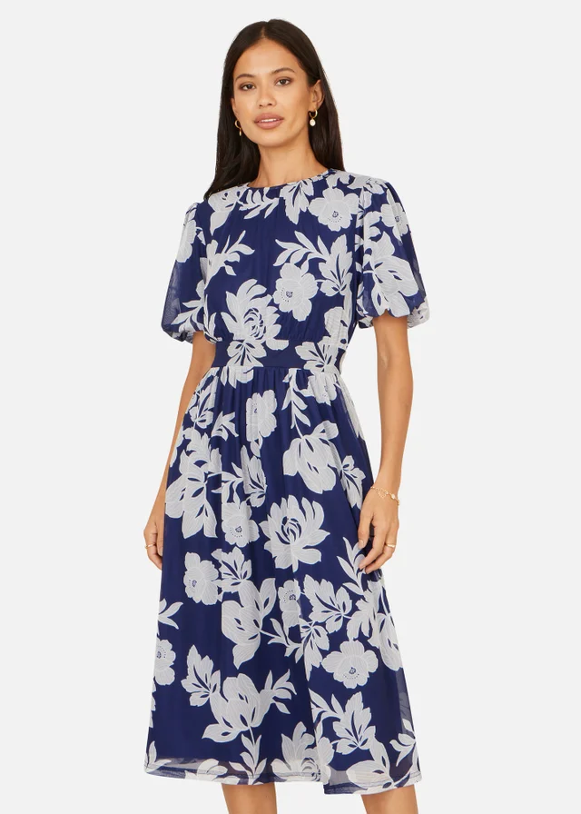 Yumi Navy Flower Stretch Mesh Midi Dress With Angel Sleeves