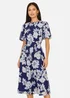 Yumi Navy Flower Stretch Mesh Midi Dress With Angel Sleeves - 14 Image 1