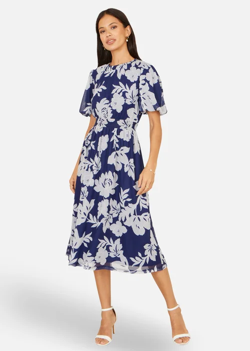 Yumi Navy Flower Stretch Mesh Midi Dress With Angel Sleeves - 14 Image 2