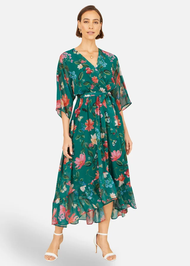 Yumi Green Floral Kimono Wrap Dress With Dip Hem