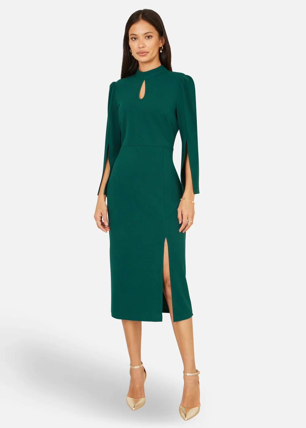 Yumi Green Fitted Midi Dress With Flute Sleeves - 16 Image 2
