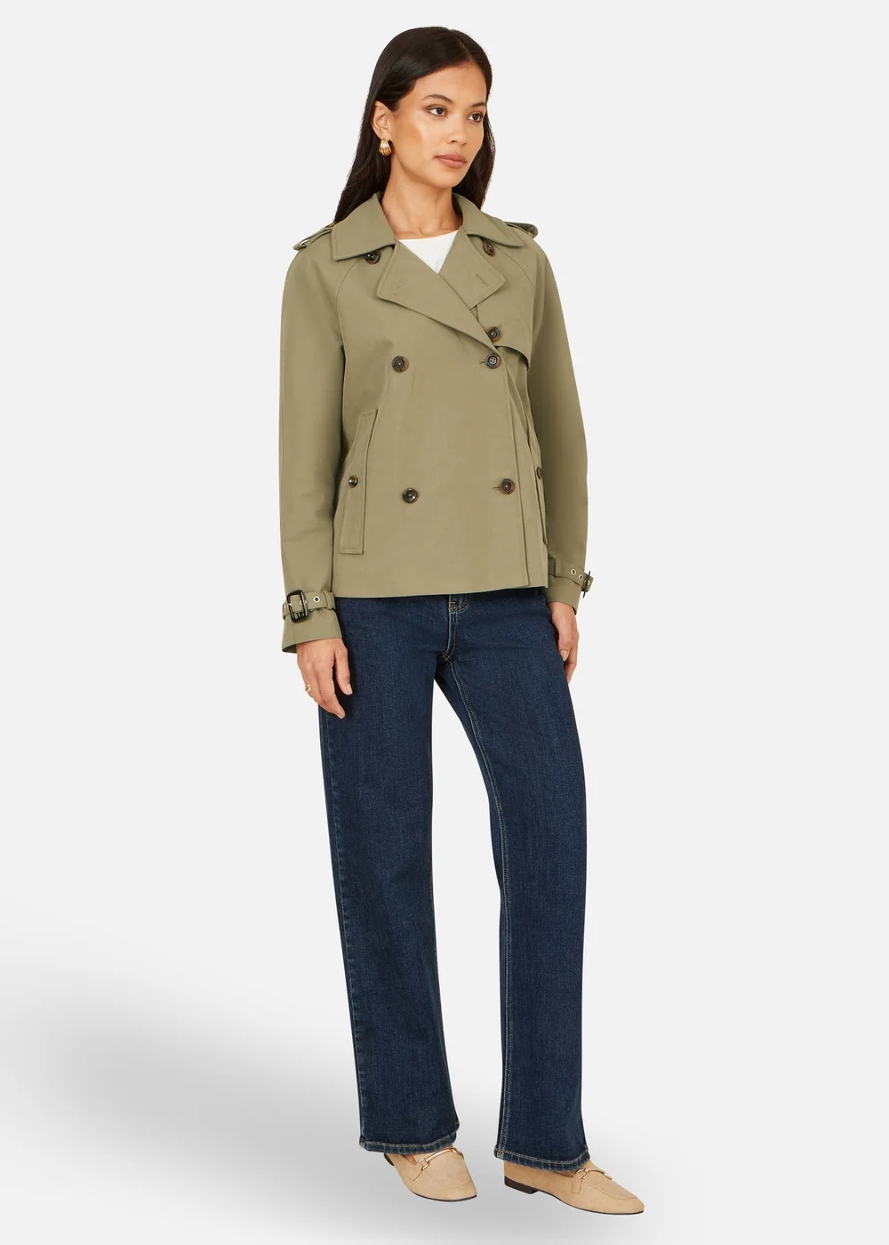 Yumi Green Cropped Trench Jacket With Pockets & Check Lining - 14 Image 2