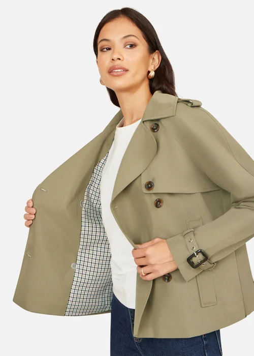 Yumi Green Cropped Trench Jacket With Pockets & Check Lining - 14 Image 4
