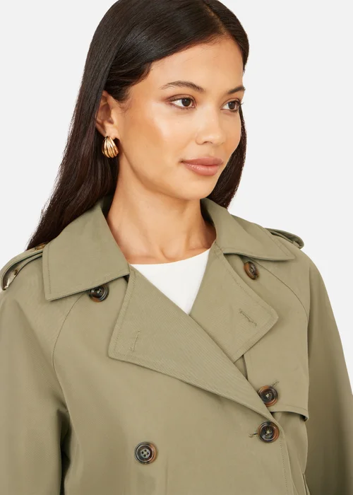Yumi Green Cropped Trench Jacket With Pockets & Check Lining - 14 Image 3