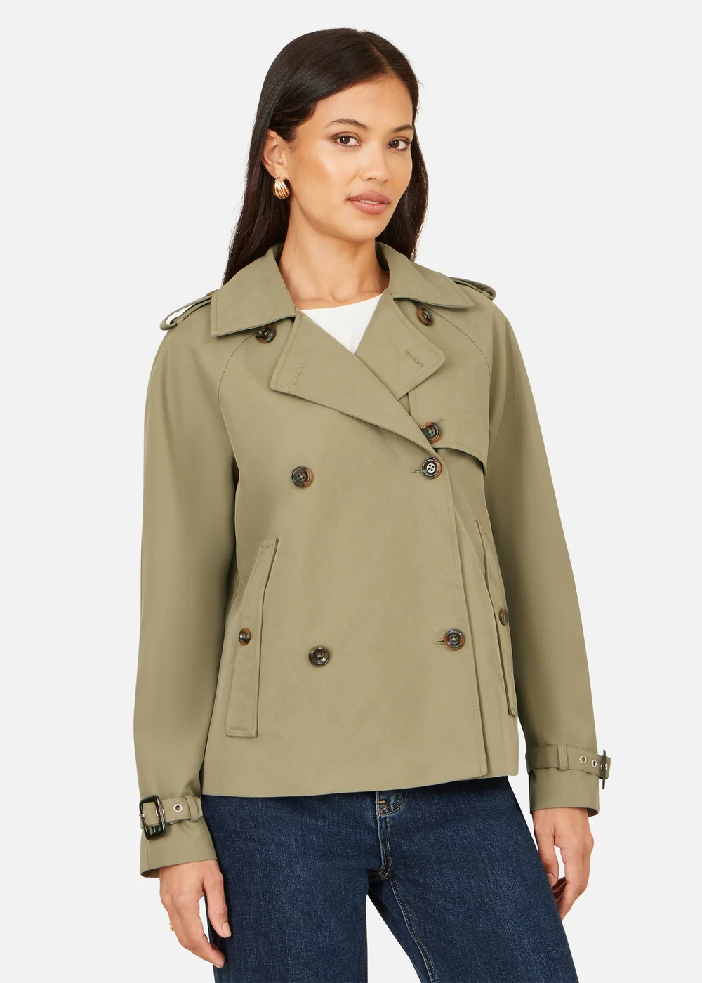 Yumi Green Cropped Trench Jacket With Pockets & Check Lining - 14 Image 1