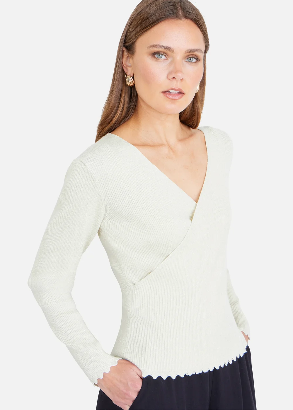 Yumi Ivory Ribbed Collar Button Up Cardigan - M Image 3