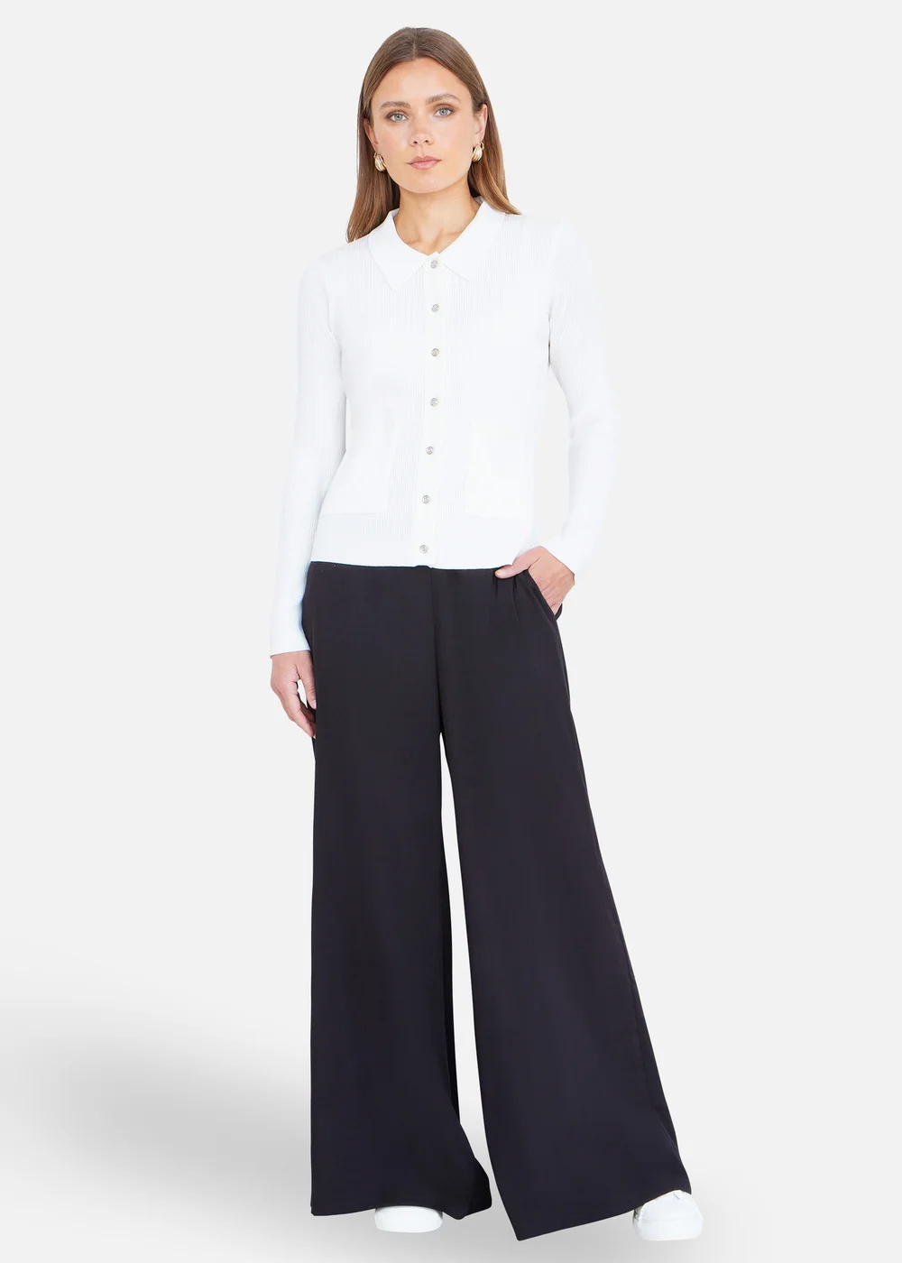 Yumi Ivory Ribbed Collar Button Up Cardigan - M Image 2