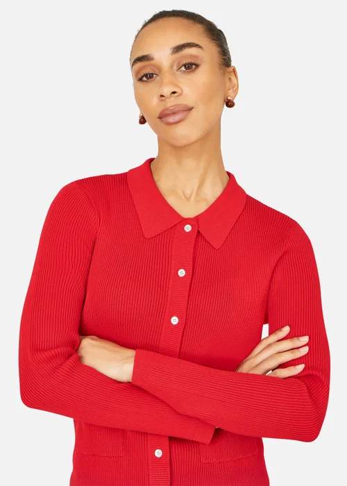 Yumi Red Ribbed Collar Button Up Cardigan - L Image 3
