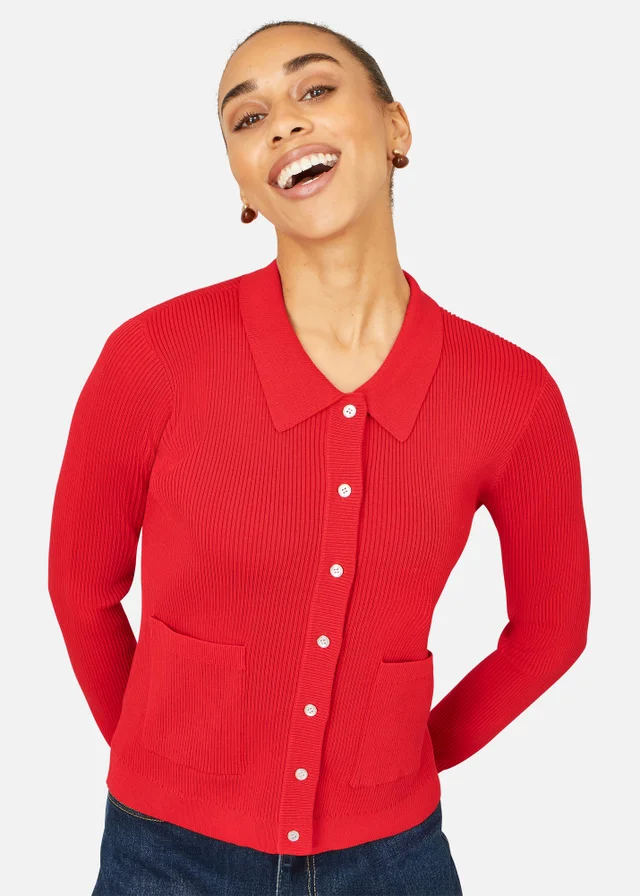 Yumi Red Ribbed Collar Button Up Cardigan