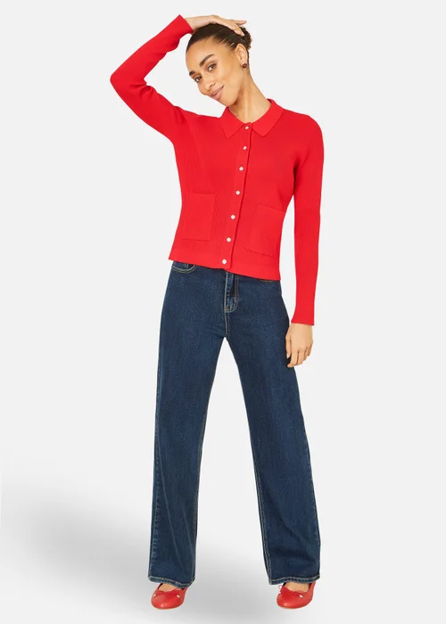 Yumi Red Ribbed Collar Button Up Cardigan - L Image 2
