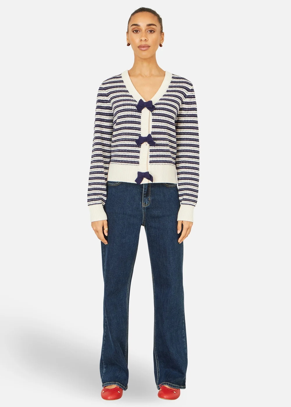 Yumi Navy Stripe Cardigan With Bow Detail - S Image 2