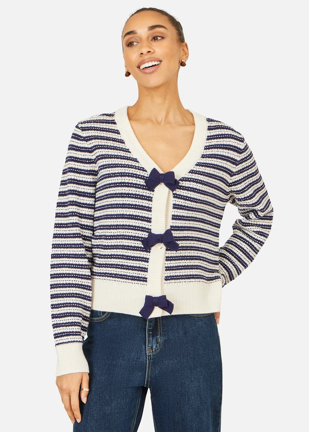 Yumi Navy Stripe Cardigan With Bow Detail - S Image 1