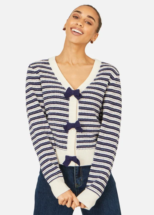 Yumi Navy Stripe Cardigan With Bow Detail - S Image 3