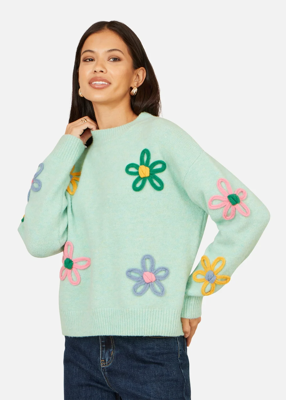 Yumi Green Relaxed Flower Embroidered Jumper - L Image 1