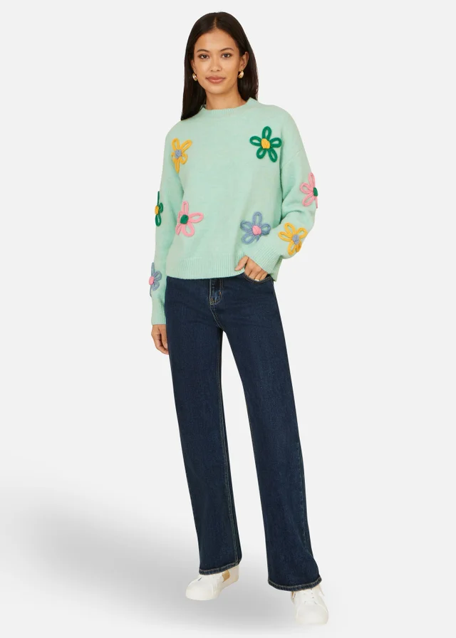 Yumi Green Relaxed Flower Embroidered Jumper