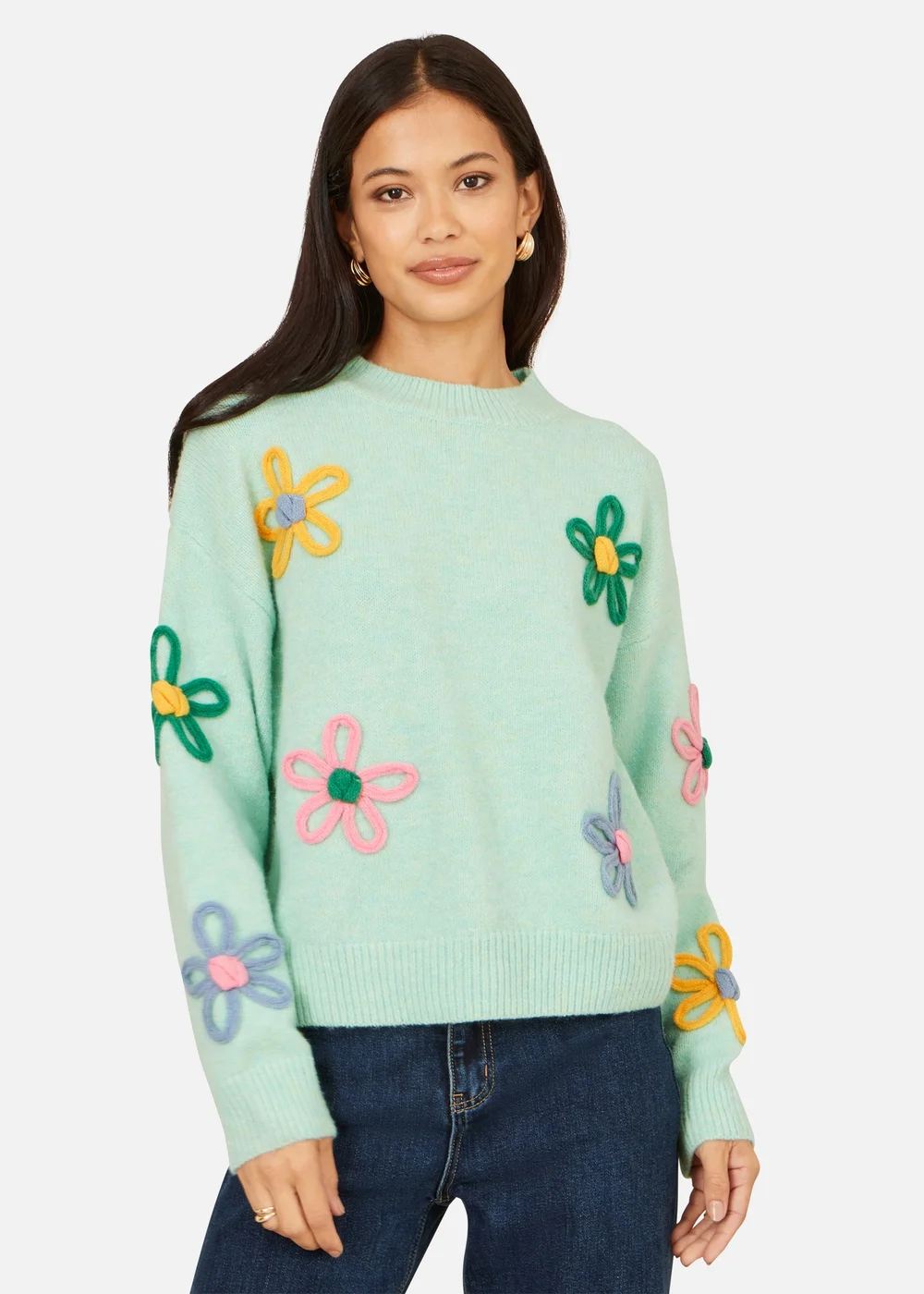 Yumi Green Relaxed Flower Embroidered Jumper - L Image 3