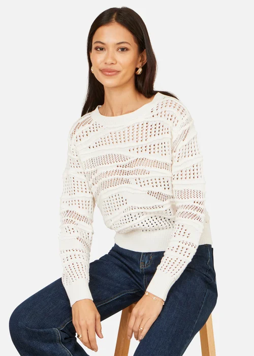 Yumi White Wave Pointelle Knitted Jumper - S Image 1