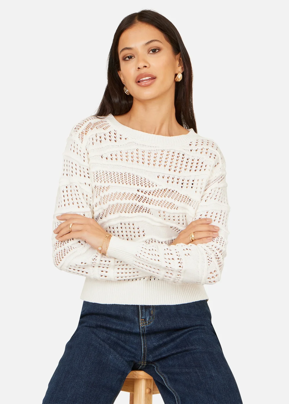 Yumi White Wave Pointelle Knitted Jumper - S Image 3