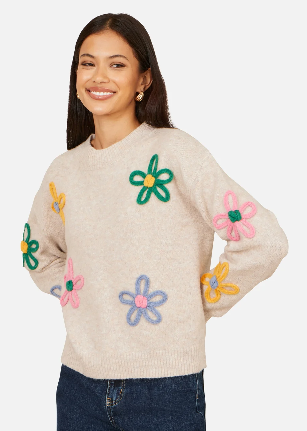 Yumi Oatmeal Relaxed Flower Embroidered Jumper - S Image 1