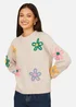 Yumi Oatmeal Relaxed Flower Embroidered Jumper - S Image 1