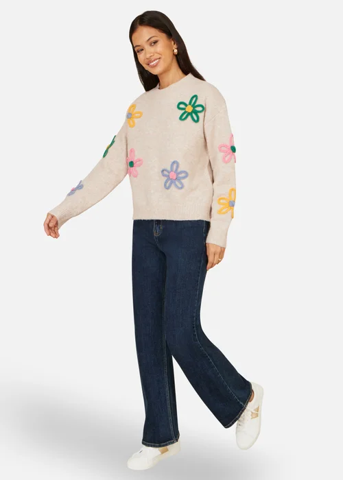 Yumi Oatmeal Relaxed Flower Embroidered Jumper - S Image 2