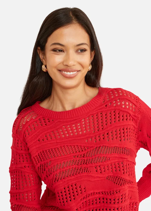 Yumi Red Wave Pointelle Knitted Jumper - L Image 3