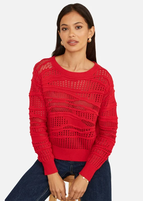 Yumi Red Wave Pointelle Knitted Jumper - L Image 1