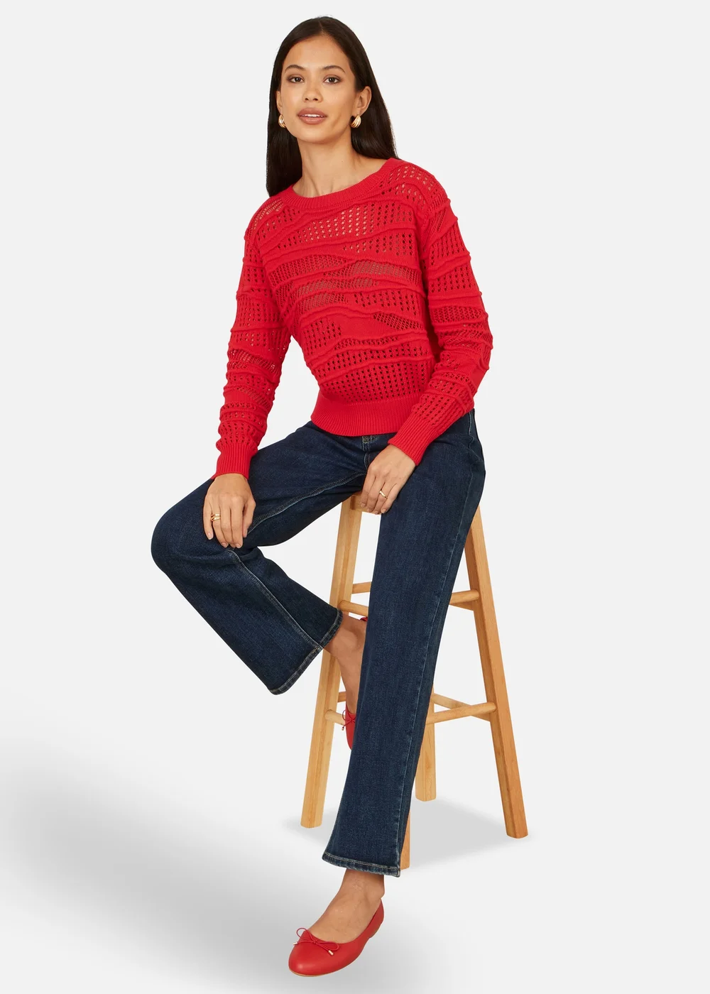 Yumi Red Wave Pointelle Knitted Jumper - L Image 2