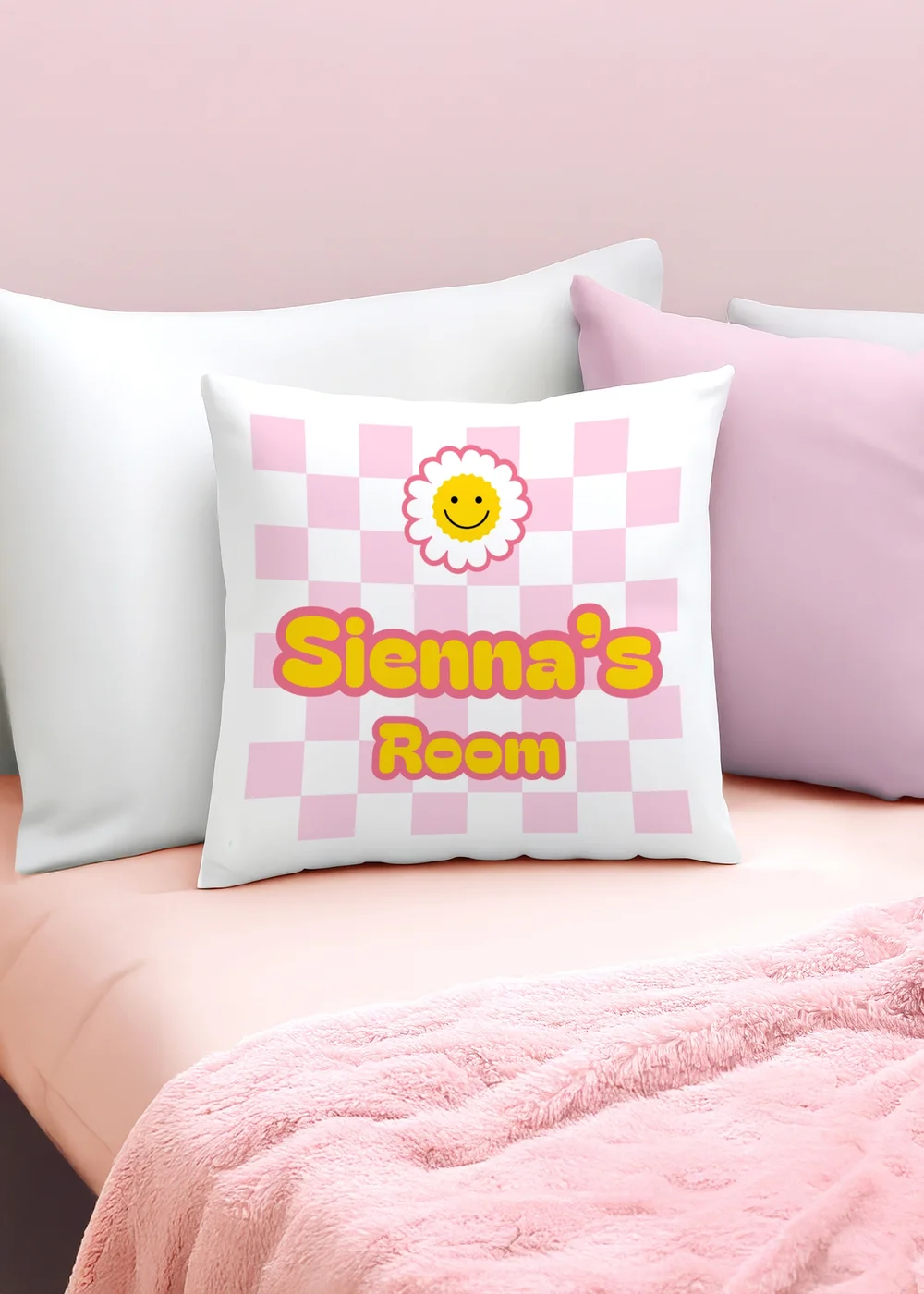 Personalised Memento Company Pink Check Childrens Bedroom Cushion - One Size Image 1