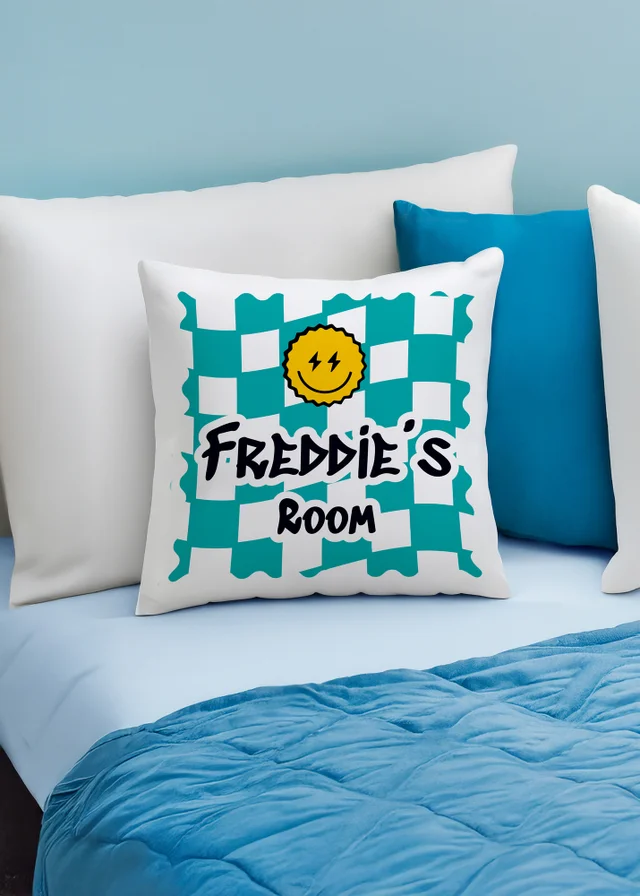 Personalised Memento Company Blue Check Childrens Bedroom Cushion White