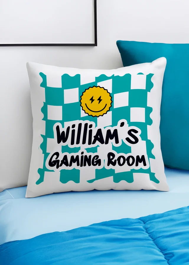 Personalised Memento Company Blue Check Childrens Bedroom Cushion White