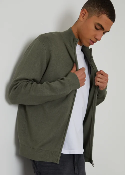 Threadbare Green Zip-Through Funnel Neck Knitted Cardigan - M Image 1