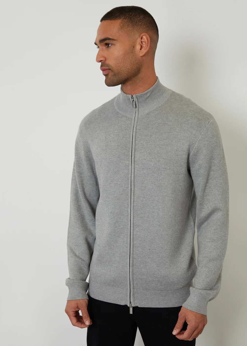 Threadbare Light Grey Zip-Through Funnel Neck Knitted Cardigan - S Image 1