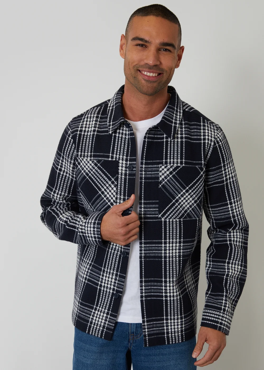 Threadbare Navy Check Waffle Textured Shacket - S Image 1
