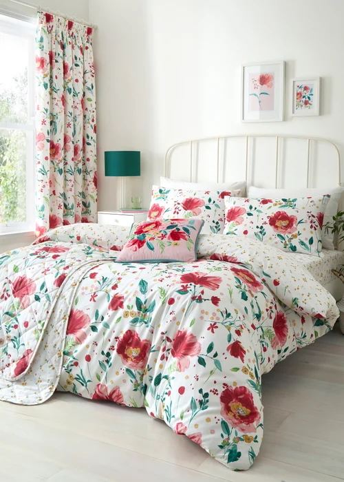 Dreams & Drapes Abstract Poppy Lightweight Red Pencil Pleat Curtains - 66W X 72D (168x183cm) Image 4