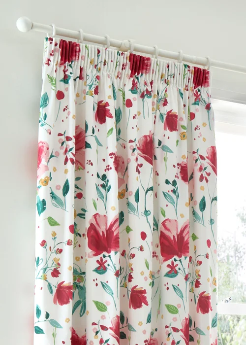 Dreams & Drapes Abstract Poppy Lightweight Red Pencil Pleat Curtains - 66W X 72D (168x183cm) Image 2