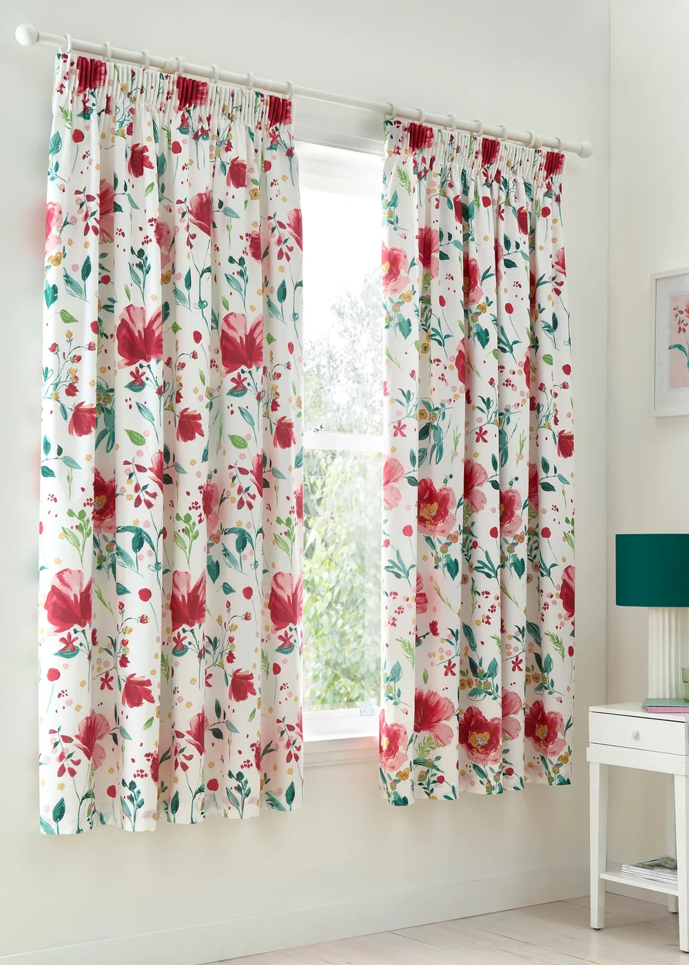 Dreams & Drapes Abstract Poppy Lightweight Red Pencil Pleat Curtains - 66W X 72D (168x183cm) Image 1