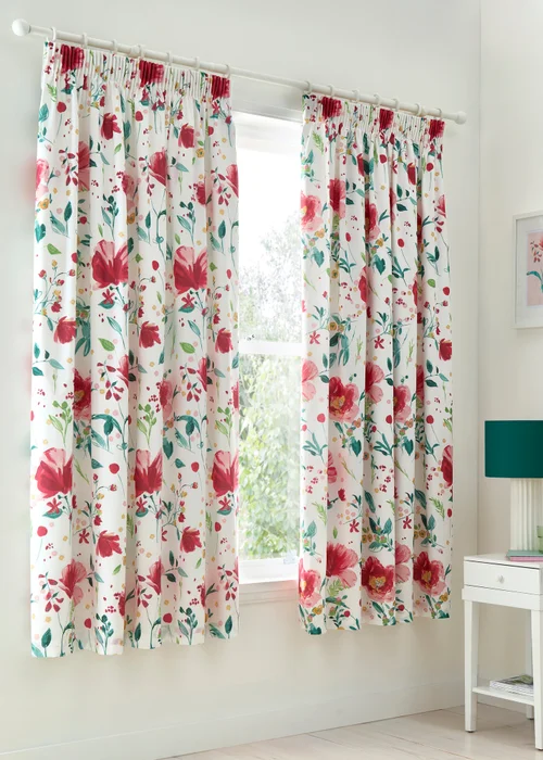 Dreams & Drapes Abstract Poppy Lightweight Red Pencil Pleat Curtains - 66W X 72D (168x183cm) Image 1