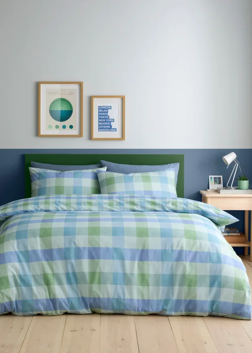 Fusion Block Check Reversible Blue Duvet Cover Set - Single Image 1